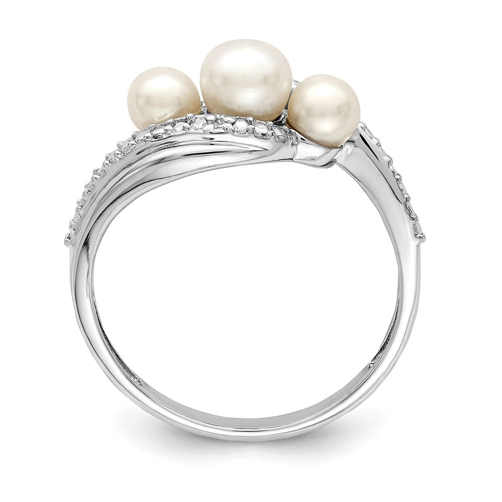 Sterling Silver Rhodium Plated Diamond And Fw Cultured Pearl Ring
