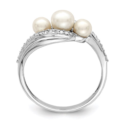 Sterling Silver Rhodium Plated Diamond And Fw Cultured Pearl Ring