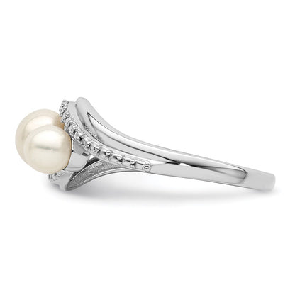 Sterling Silver Rhodium Plated Diamond And Fw Cultured Pearl Ring