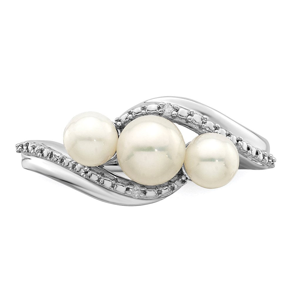 Sterling Silver Rhodium Plated Diamond And Fw Cultured Pearl Ring