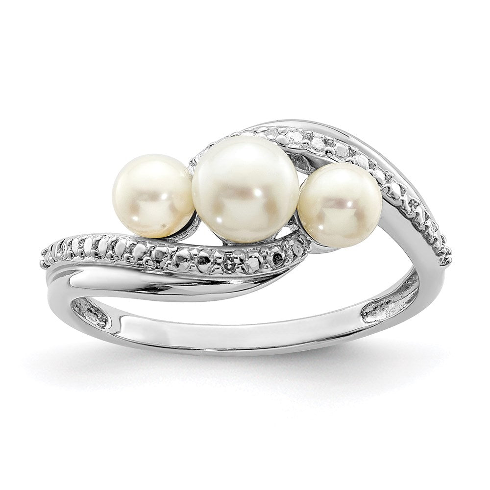 Sterling Silver Rhodium Plated Diamond And Fw Cultured Pearl Ring