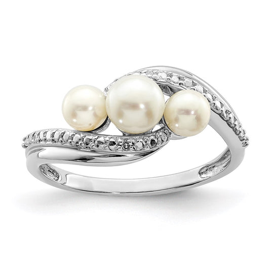 Sterling Silver Rhodium Plated Diamond And Fw Cultured Pearl Ring