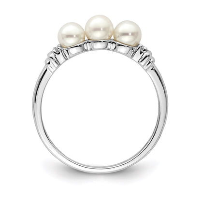 Sterling Silver Rhodium Plated Diamond And Fw Cultured Pearl Ring