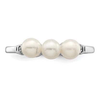 Sterling Silver Rhodium Plated Diamond And Fw Cultured Pearl Ring