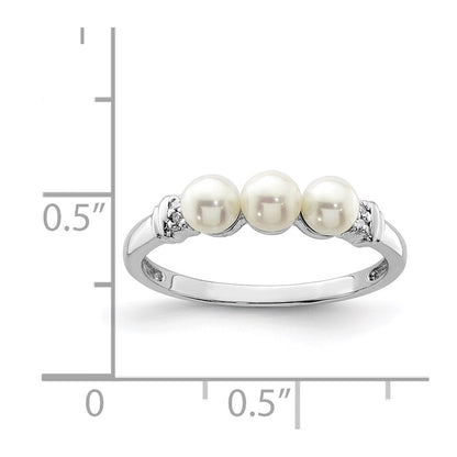 Sterling Silver Rhodium Plated Diamond And Fw Cultured Pearl Ring