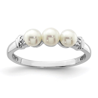 Sterling Silver Rhodium Plated Diamond And Fw Cultured Pearl Ring