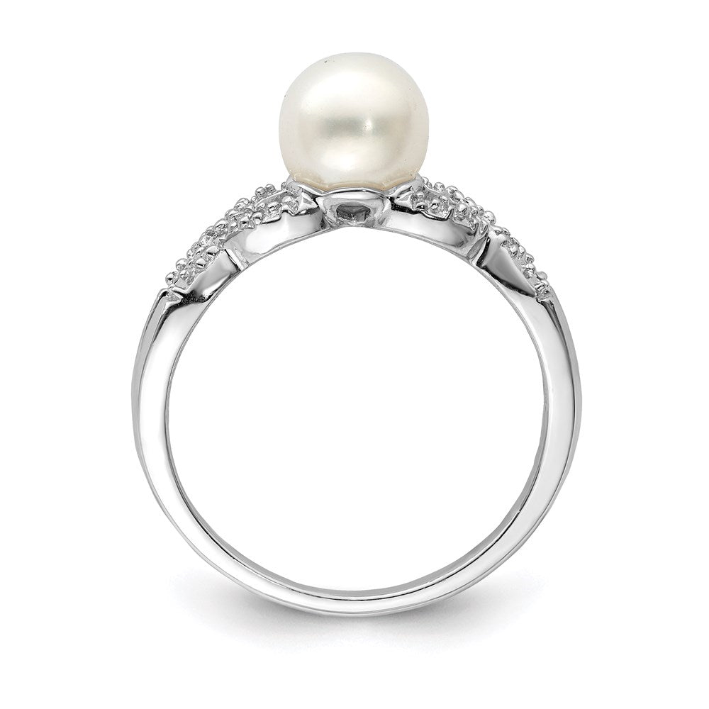Sterling Silver Rhodium Plated Diamond And Fw Cultured Pearl Ring
