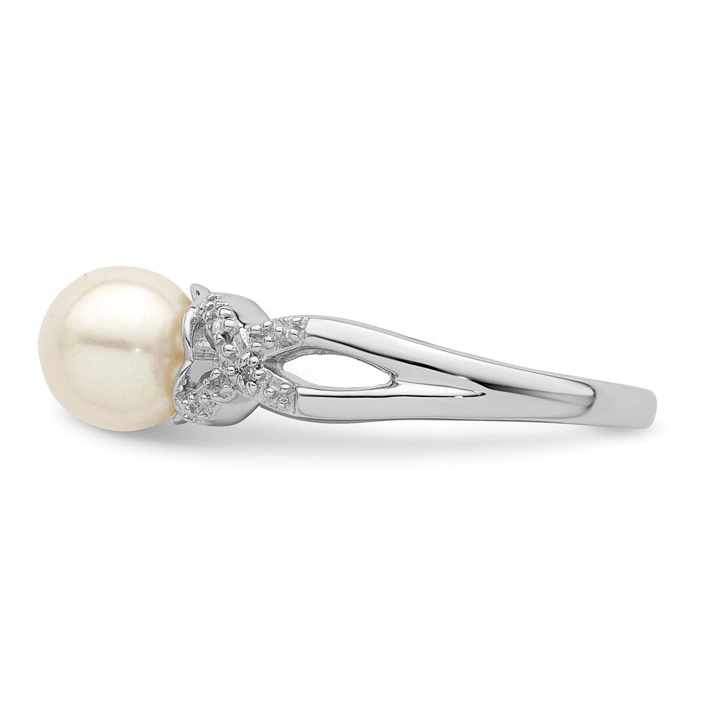 Sterling Silver Rhodium Plated Diamond And Fw Cultured Pearl Ring