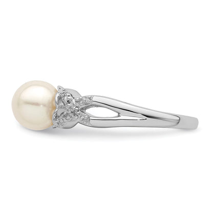 Sterling Silver Rhodium Plated Diamond And Fw Cultured Pearl Ring