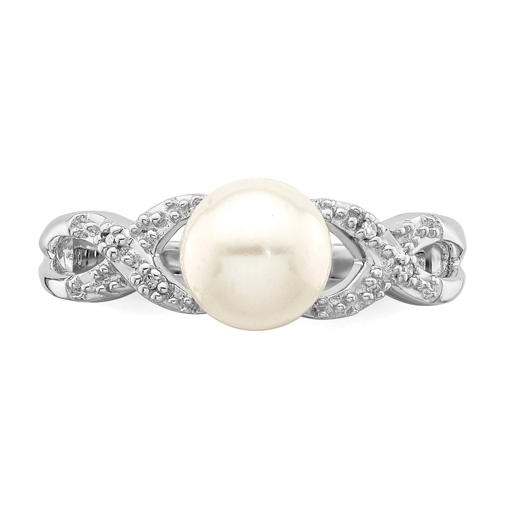 Sterling Silver Rhodium Plated Diamond And Fw Cultured Pearl Ring