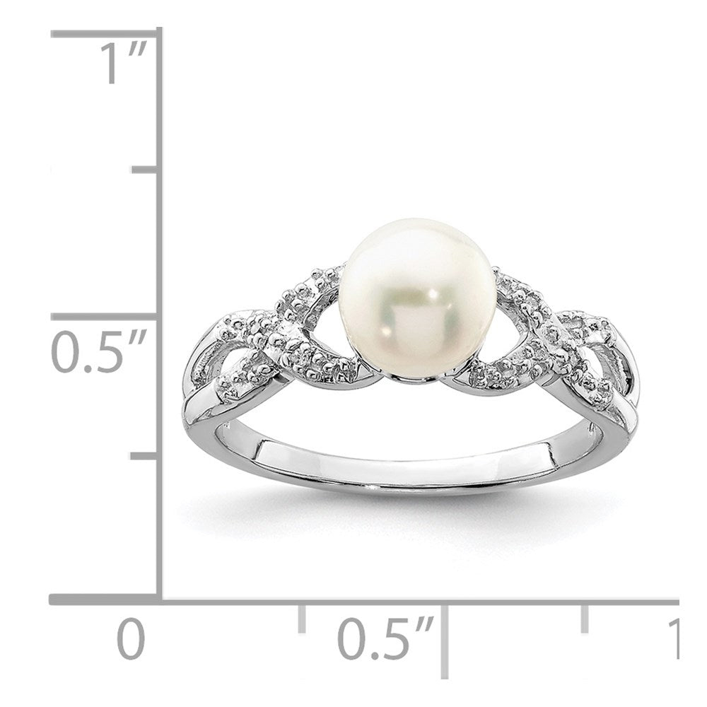 Sterling Silver Rhodium Plated Diamond And Fw Cultured Pearl Ring