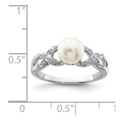 Sterling Silver Rhodium Plated Diamond And Fw Cultured Pearl Ring