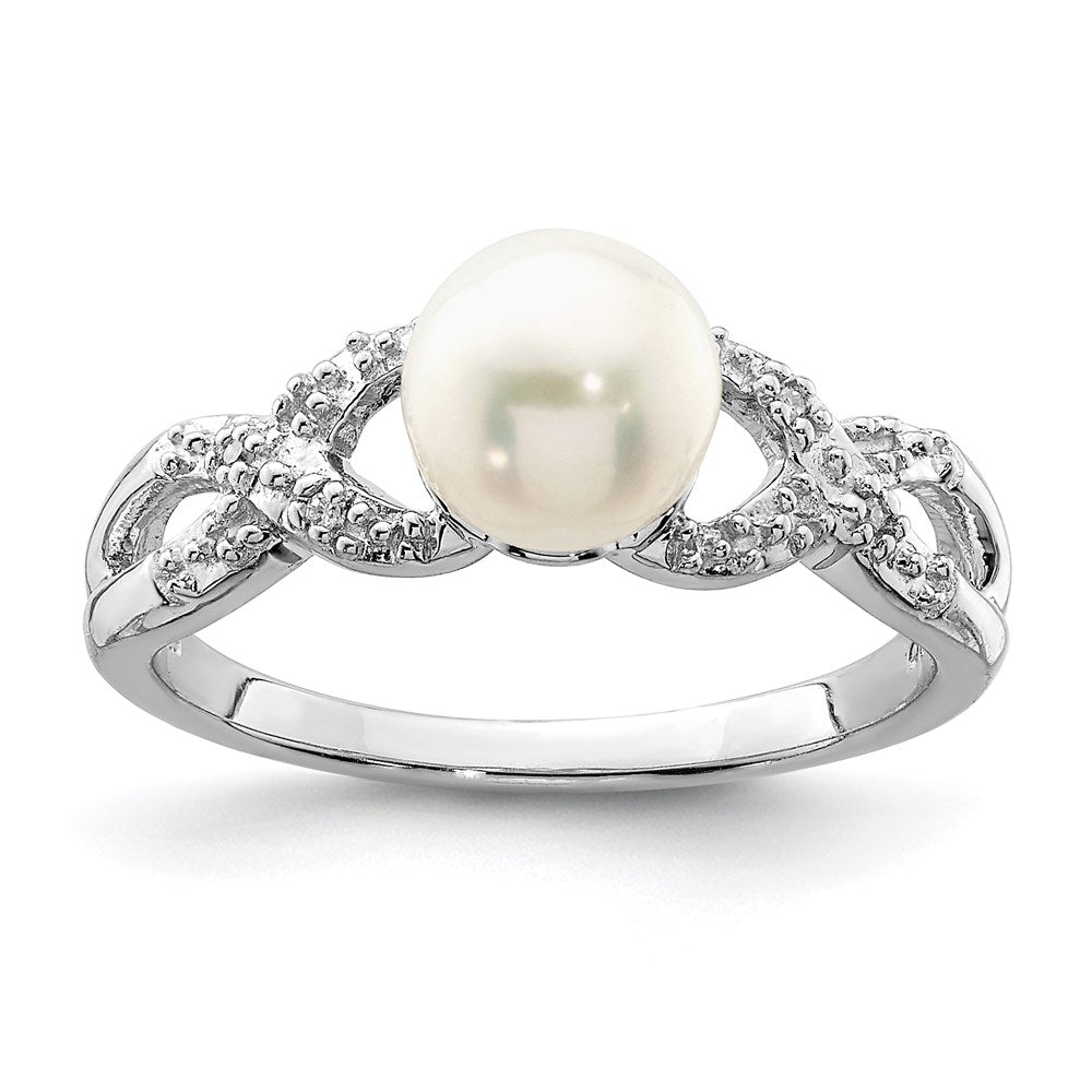 Sterling Silver Rhodium Plated Diamond And Fw Cultured Pearl Ring