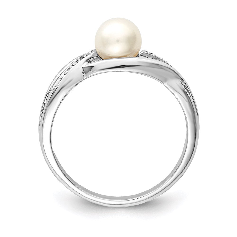 Sterling Silver Rhodium Plated Diamond And Fw Cultured Pearl Ring