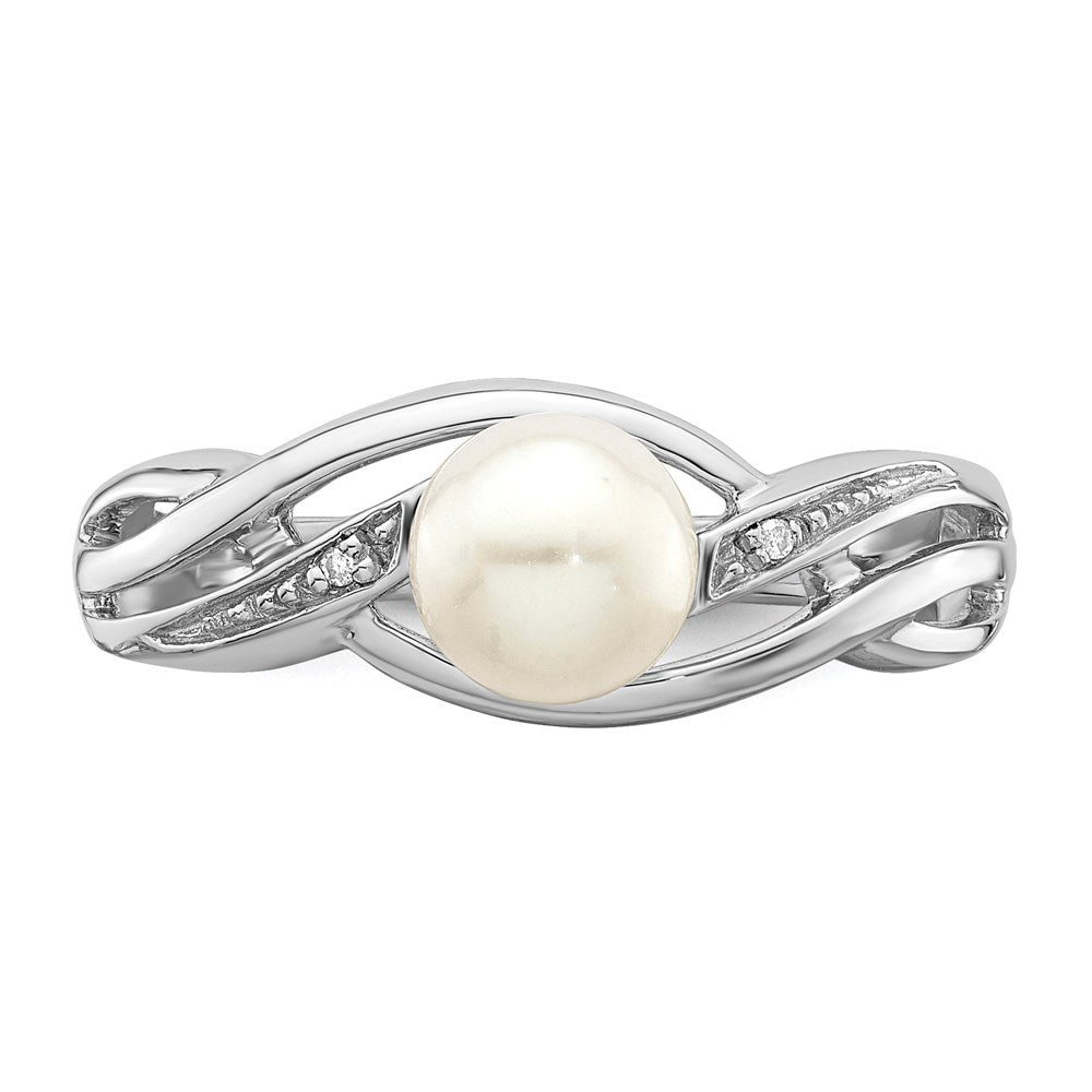 Sterling Silver Rhodium Plated Diamond And Fw Cultured Pearl Ring