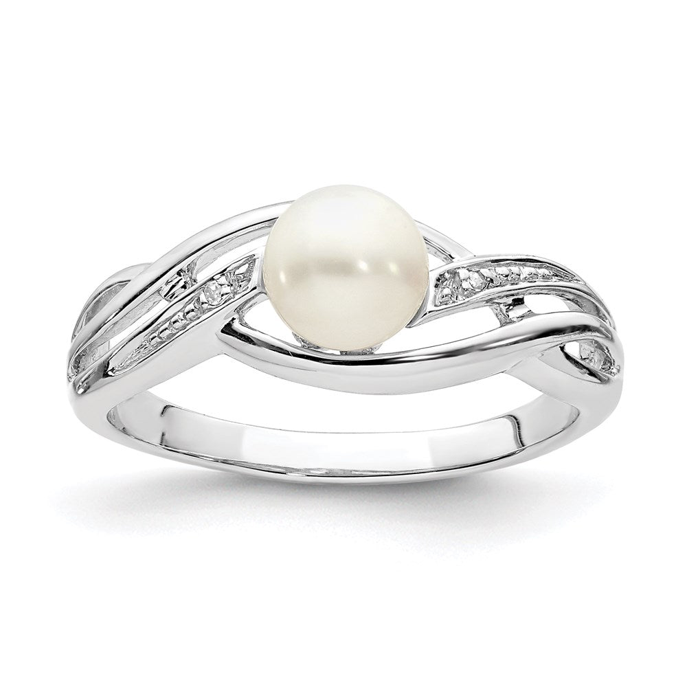 Sterling Silver Rhodium Plated Diamond And Fw Cultured Pearl Ring