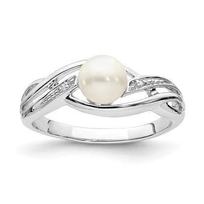 Sterling Silver Rhodium Plated Diamond And Fw Cultured Pearl Ring