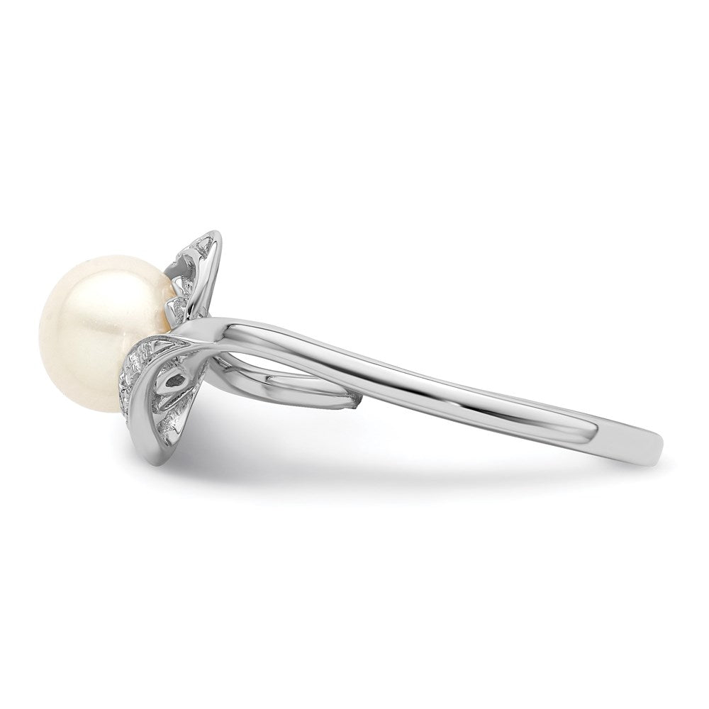 Sterling Silver Rhodium Plated Diamond And Fw Cultured Pearl Ring