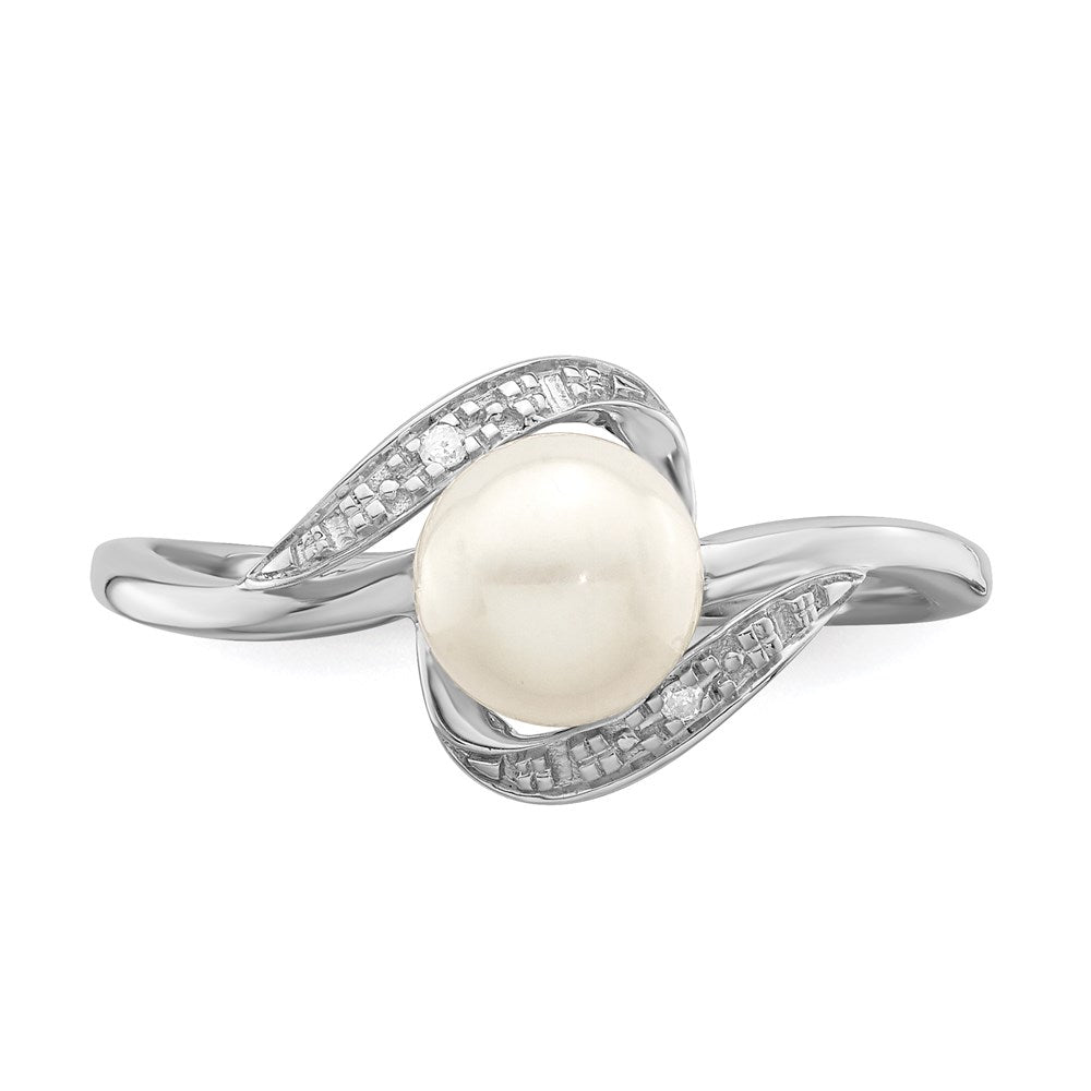Sterling Silver Rhodium Plated Diamond And Fw Cultured Pearl Ring