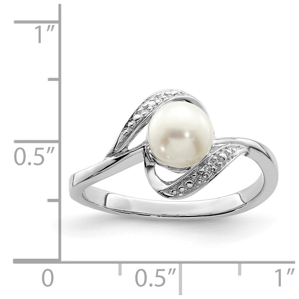 Sterling Silver Rhodium Plated Diamond And Fw Cultured Pearl Ring
