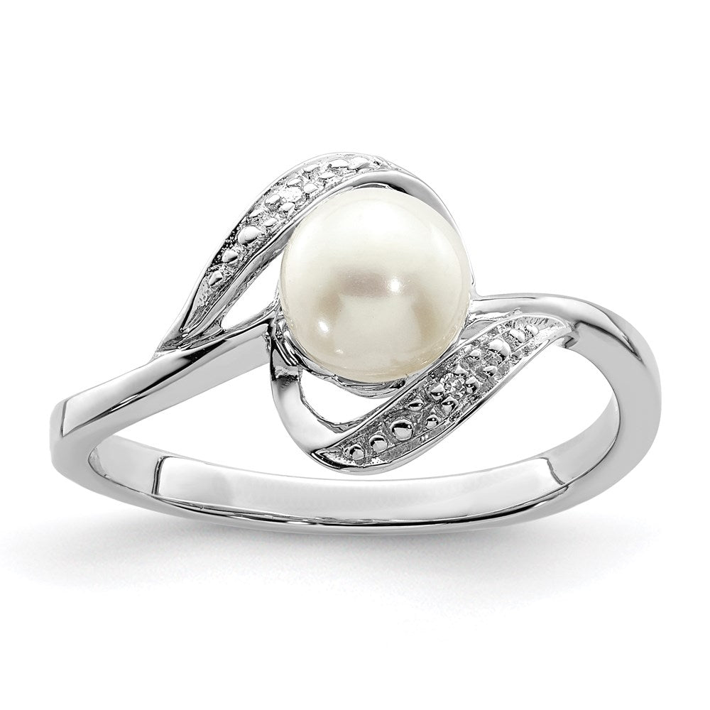 Sterling Silver Rhodium Plated Diamond And Fw Cultured Pearl Ring