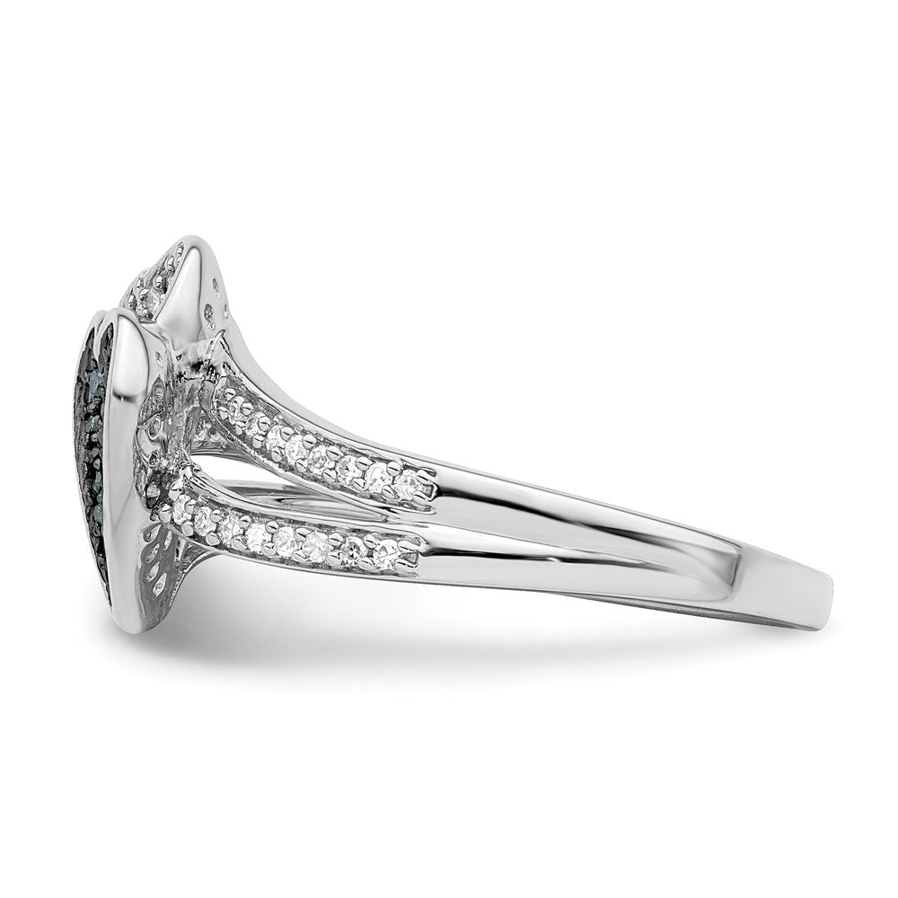 Sterling Silver White Night Rhodium Plated Blue And Diamond Hearts Ring