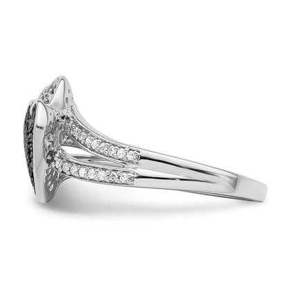 Sterling Silver White Night Rhodium Plated Blue And Diamond Hearts Ring