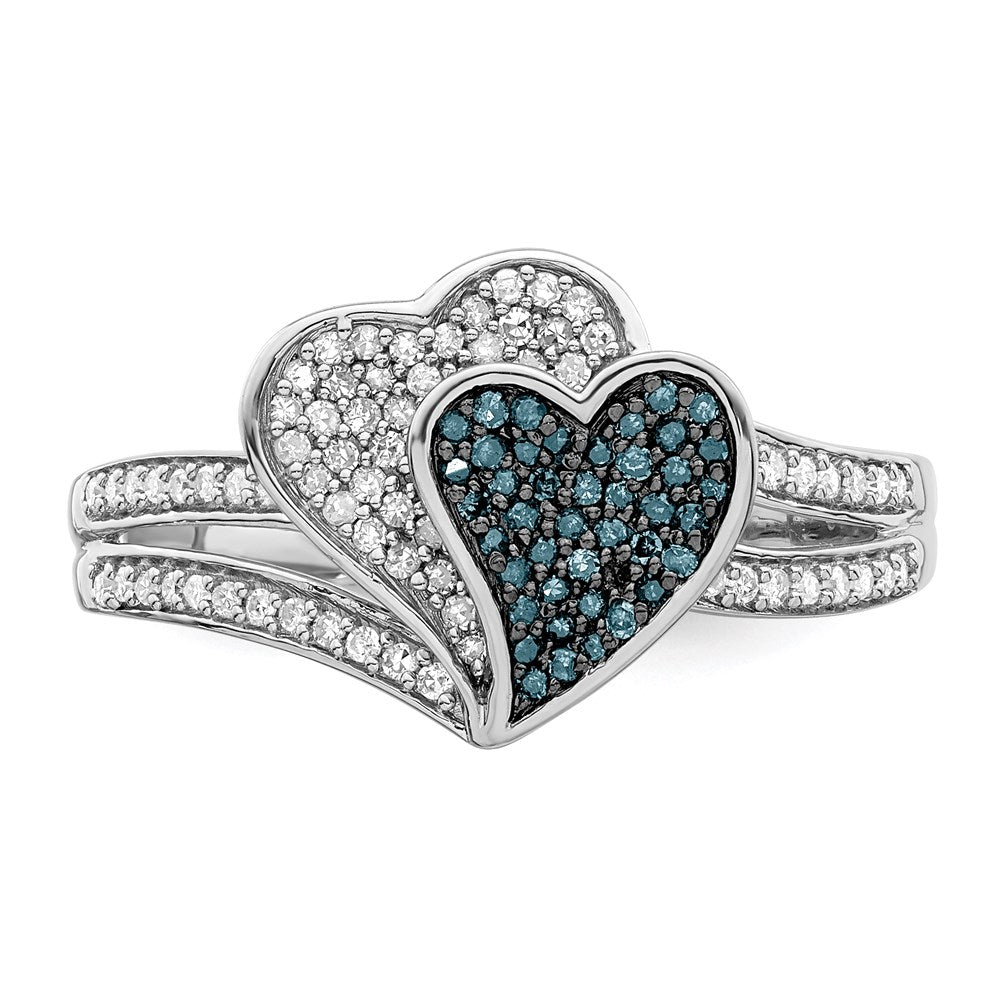 Sterling Silver White Night Rhodium Plated Blue And Diamond Hearts Ring