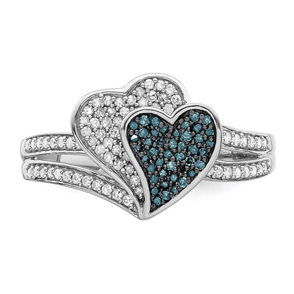 Sterling Silver White Night Rhodium Plated Blue And Diamond Hearts Ring