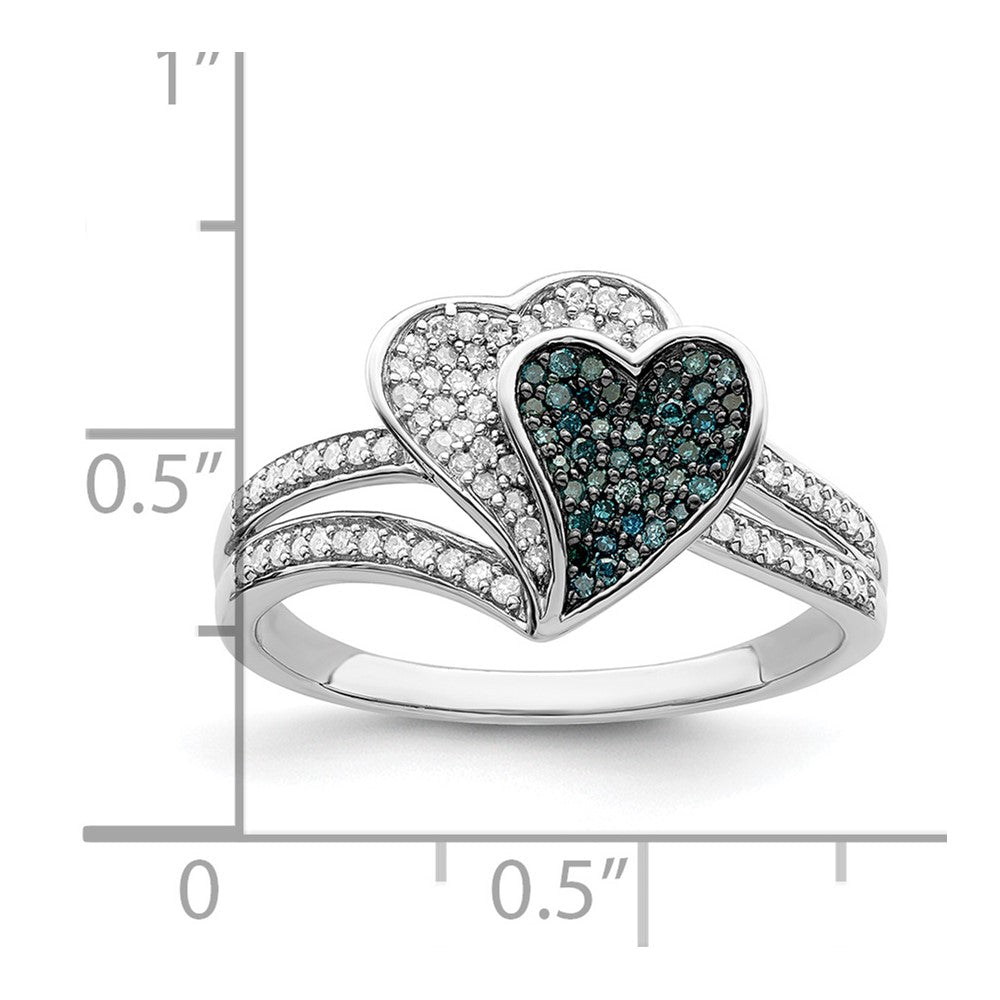 Sterling Silver White Night Rhodium Plated Blue And Diamond Hearts Ring