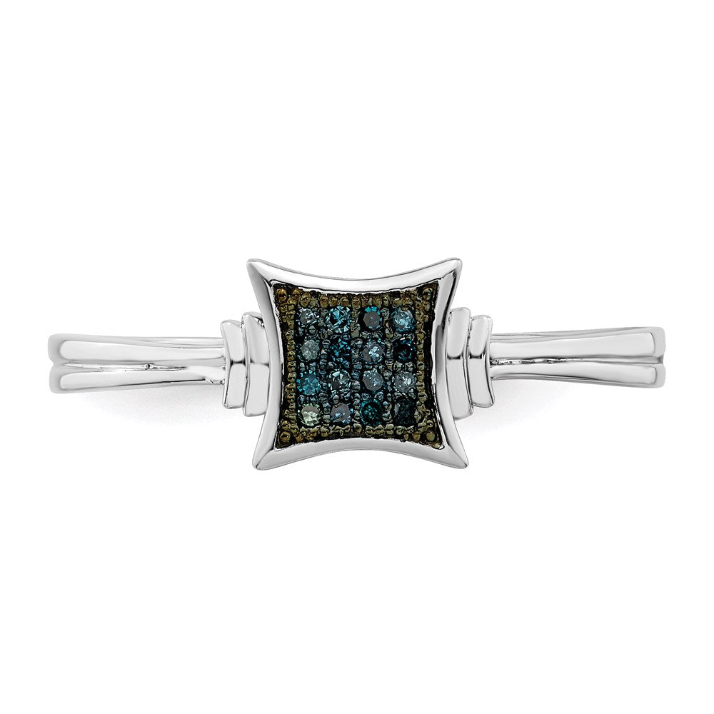 Sterling Silver White Night Rhodium Plated Blue Diamonds Square Ring (Size 7 Only)