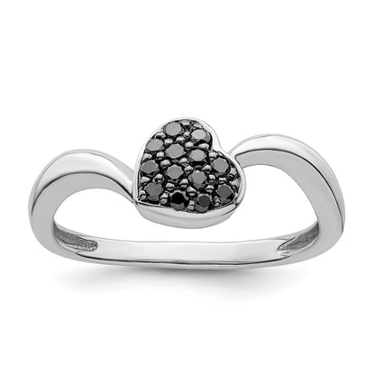 Sterling Silver White Night Rhodium Plated Black Diamond Heart Ring