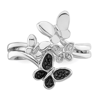 Sterling Silver White Night Rhodium Plated And Black Diamond Butterfly Ring
