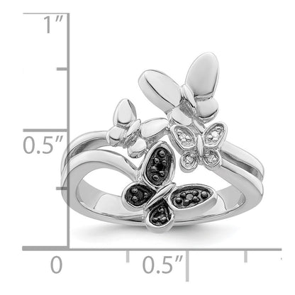 Sterling Silver White Night Rhodium Plated And Black Diamond Butterfly Ring