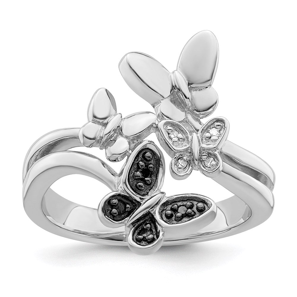 Sterling Silver White Night Rhodium Plated And Black Diamond Butterfly Ring