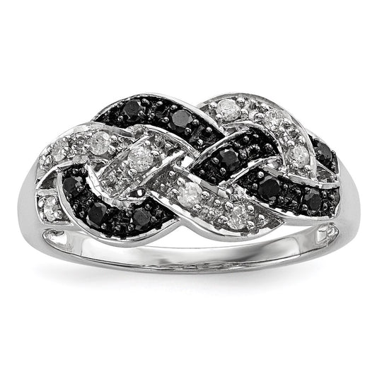 Sterling Silver White Night Rhodium Plated Black And Diamond Intertwined Ring