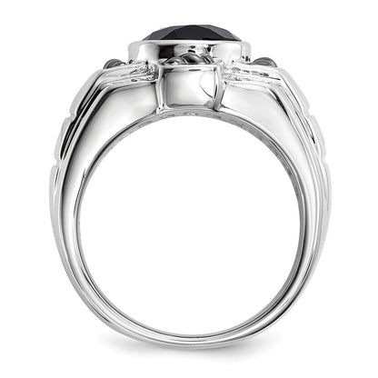 Sterling Silver White Night Black Rhodium Plated Diamond And Onyx Oval Men'S Ring