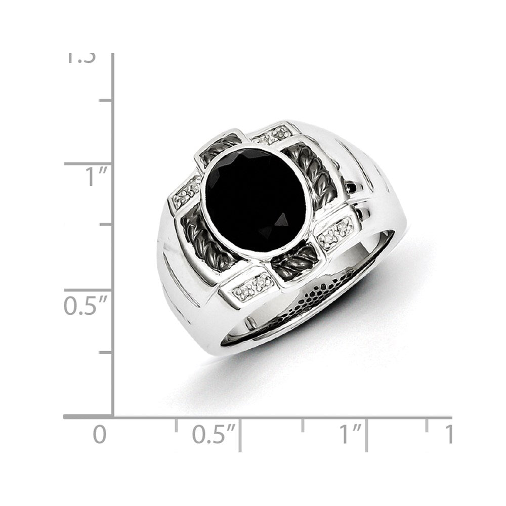 Sterling Silver White Night Black Rhodium Plated Diamond And Onyx Oval Men'S Ring