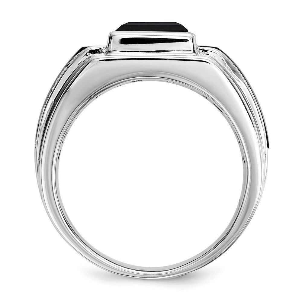 Sterling Silver White Night Rhodium Plated Diamond And Onyx Men'S Ring