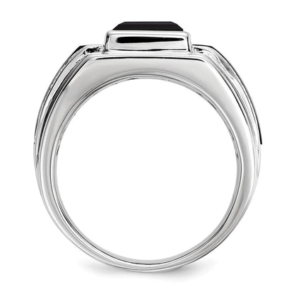 Sterling Silver White Night Rhodium Plated Diamond And Onyx Men'S Ring