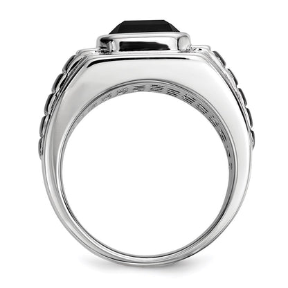 Sterling Silver White Night Black Rhodium Plated Diamond And Onyx Square Men'S Ring