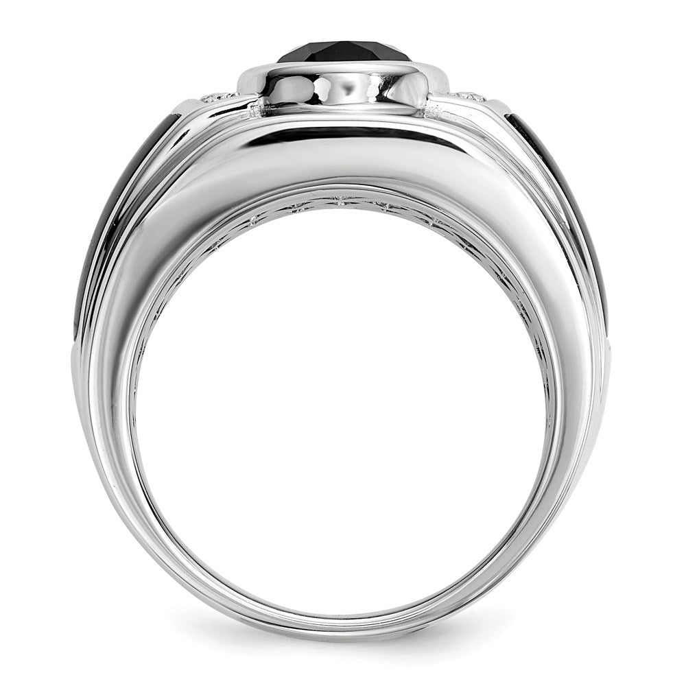 Sterling Silver White Night Rhodium Plated Diamond And Onyx Men'S Ring