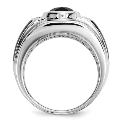 Sterling Silver White Night Rhodium Plated Diamond And Onyx Men'S Ring