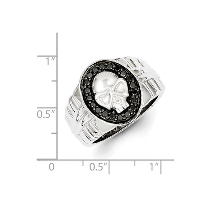 Sterling Silver White Night Rhodium Plated Black Diamond Oval Skull Men'S Ring