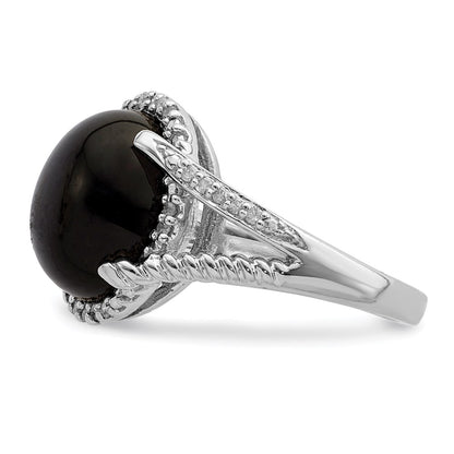 Sterling Silver Rhodium Plated Onyx And Diamond Ring