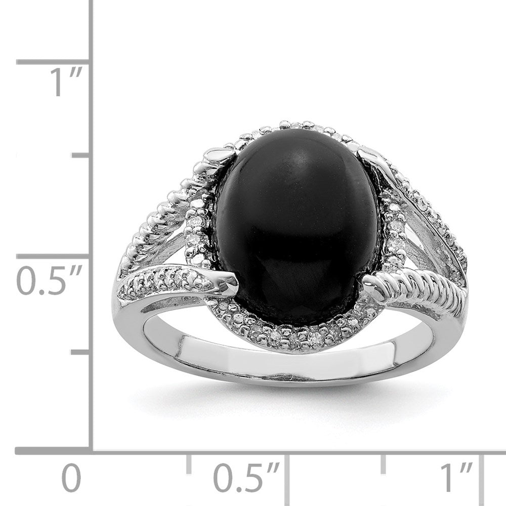 Sterling Silver Rhodium Plated Onyx And Diamond Ring
