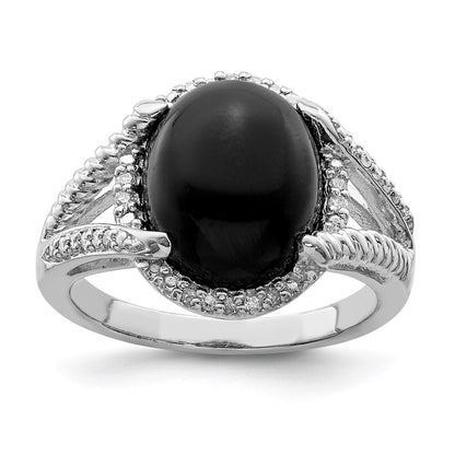 Sterling Silver Rhodium Plated Onyx And Diamond Ring
