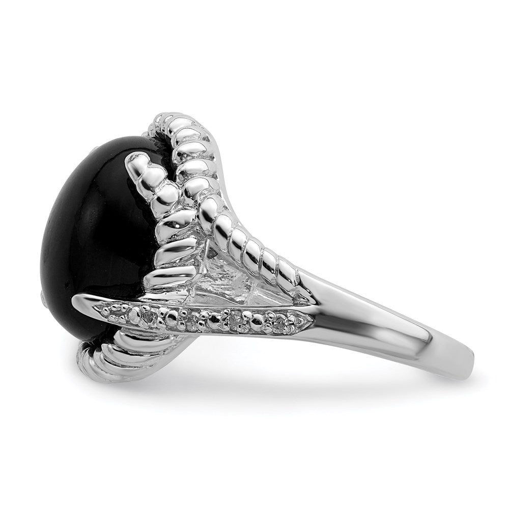 Sterling Silver Rhodium Plated Onyx And Diamond Ring