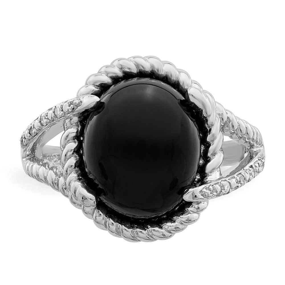 Sterling Silver Rhodium Plated Onyx And Diamond Ring