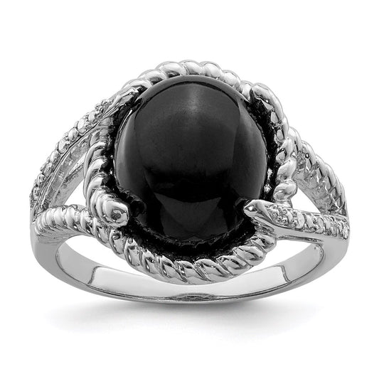 Sterling Silver Rhodium Plated Onyx And Diamond Ring
